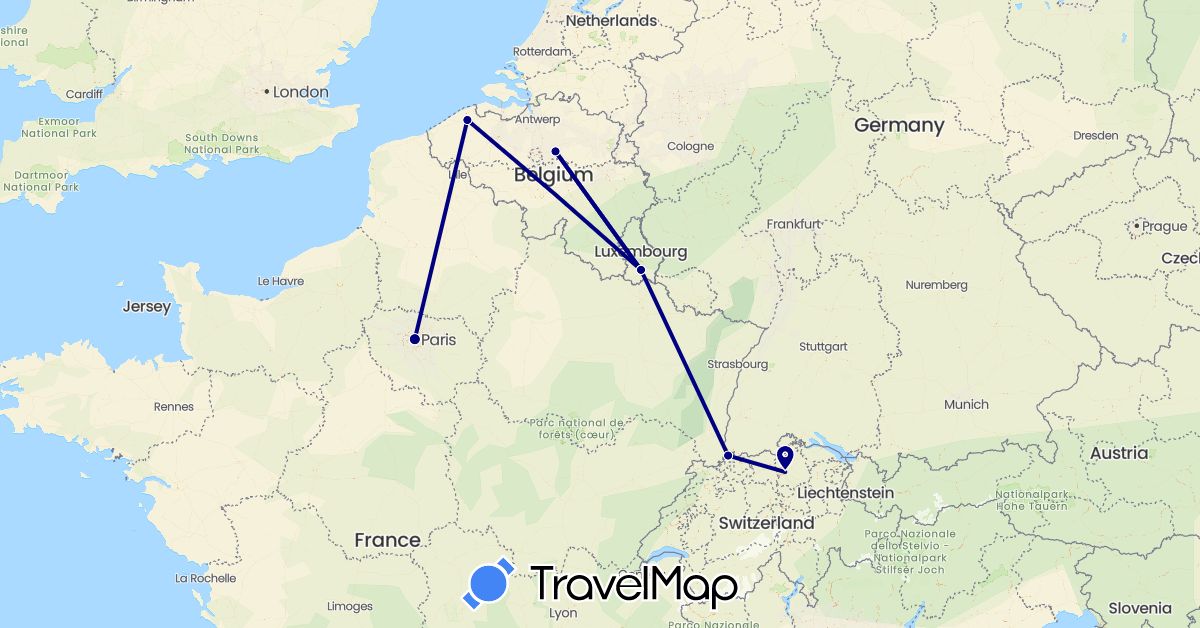 TravelMap itinerary: driving in Belgium, Switzerland, France, Luxembourg (Europe)